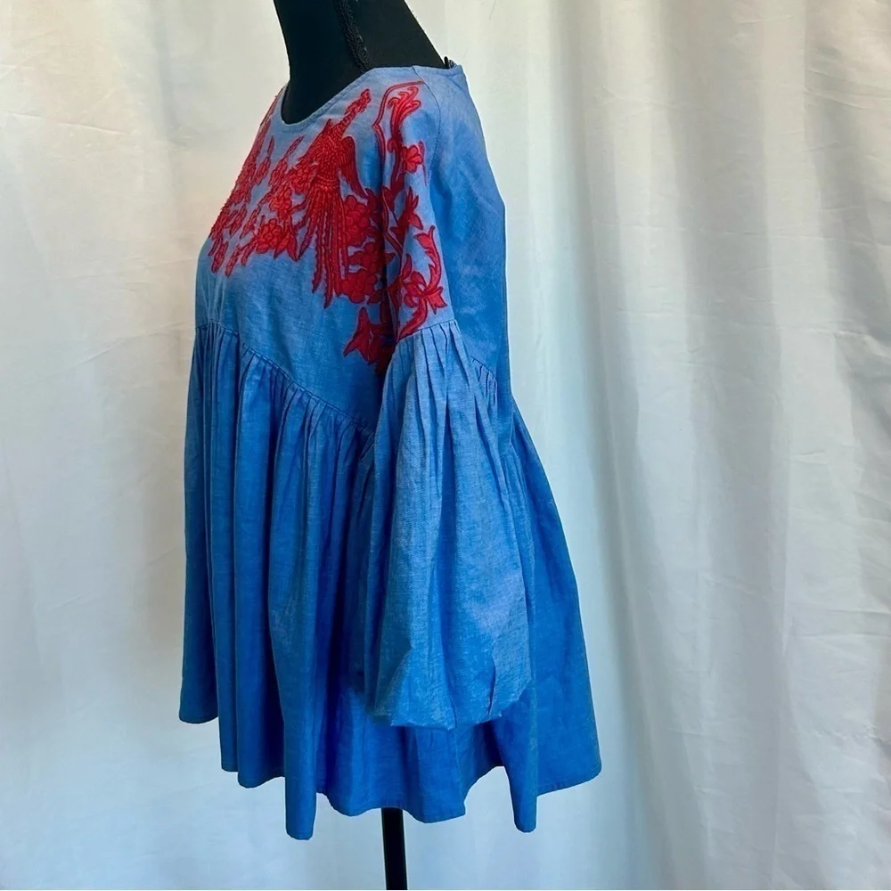 Anthropologie Hemant & Nandita Women's blue red Embroidered Lianna Top Blouse S - Picture 6 of 14
